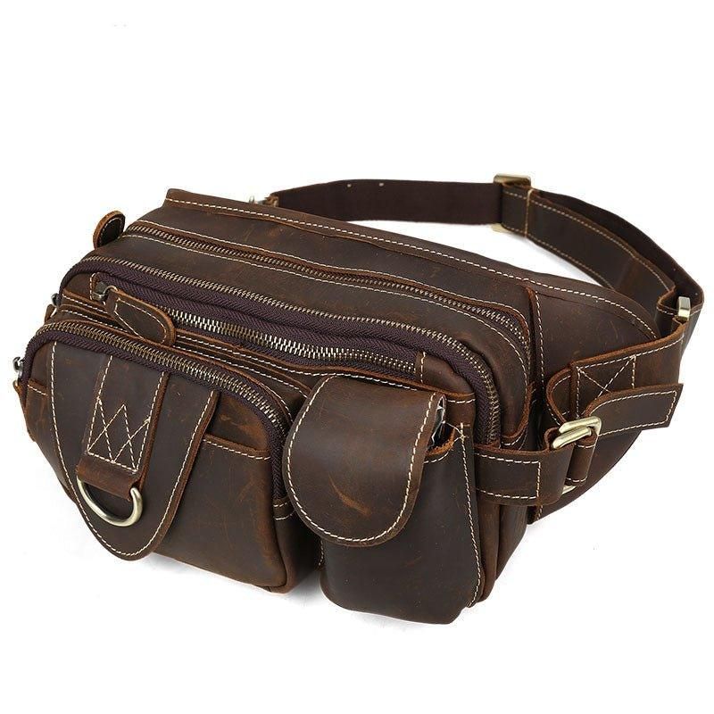 Læder Fanny Pack Med 5 Lynlåslommer