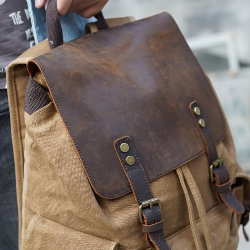 Vintage Vokset Lærred Og Læder Rygsæk Travel